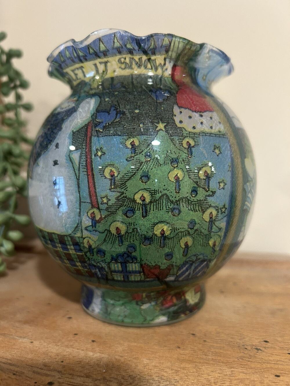 Indiana Glass Ivy Bowl Christmas Vase tea light candle winter Snowman snow decor
